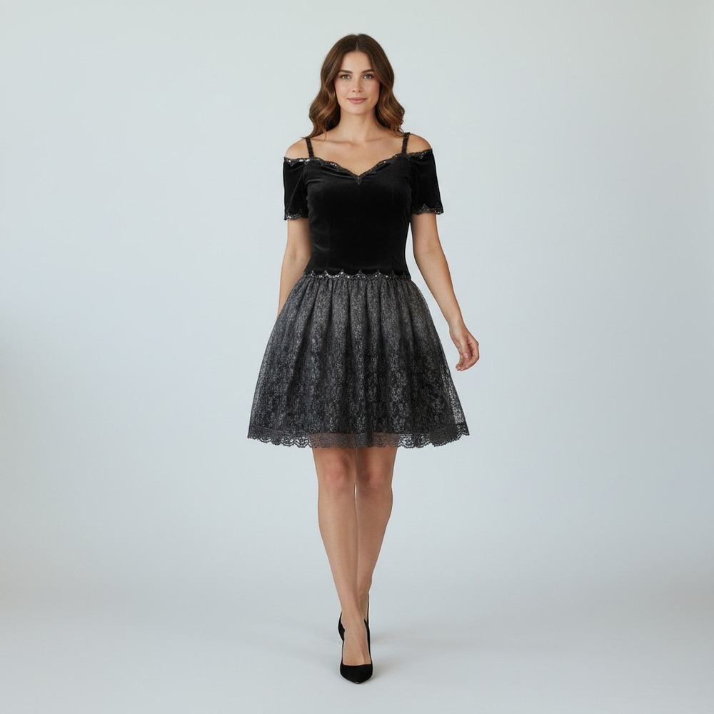 VTG Jessica McClintock Gunne Sax Black Velvet Lace Dress Gothic Cocktail 80s